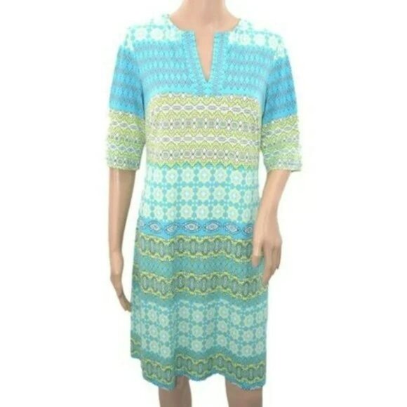 Donna Morgan Blue Green Yellow Retro Stretchy Aztec Geometric Shift Dress M - Picture 1 of 4